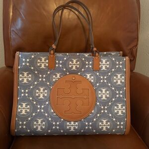 Tory Burch Blue and Brown Geometric Tote
